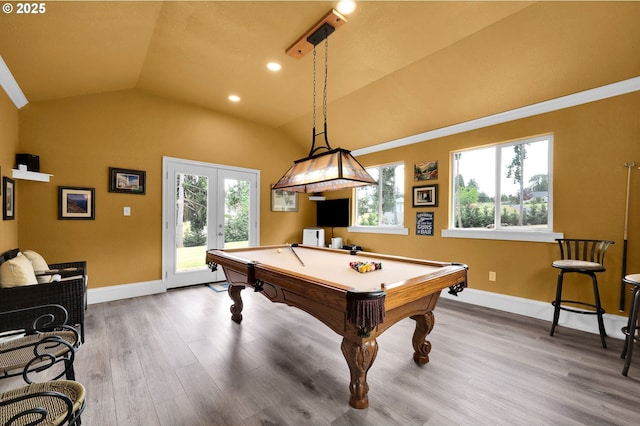 35478 Brabham Rd, Pleasant Hill, OR 97455 - recreation room with vaulted ceiling, billiards table, wood finished floors, french doors, and baseboards
