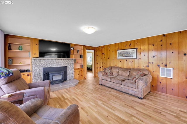 35478 Brabham Rd, Pleasant Hill, OR 97455 - living room with light wood-type flooring, wood walls, and built in shelves