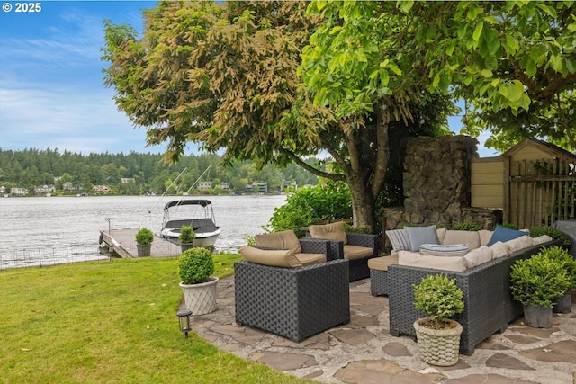 1667 Lake Front Rd, Lake Oswego, OR 97034 - view of patio with a water view, an outdoor hangout area, and a boat dock