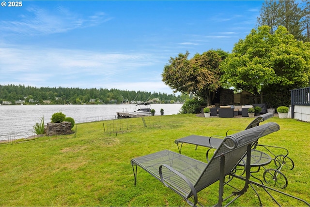 1667 Lake Front Rd, Lake Oswego, OR 97034 - view of green lawn featuring a water view, a boat dock, and outdoor lounge area