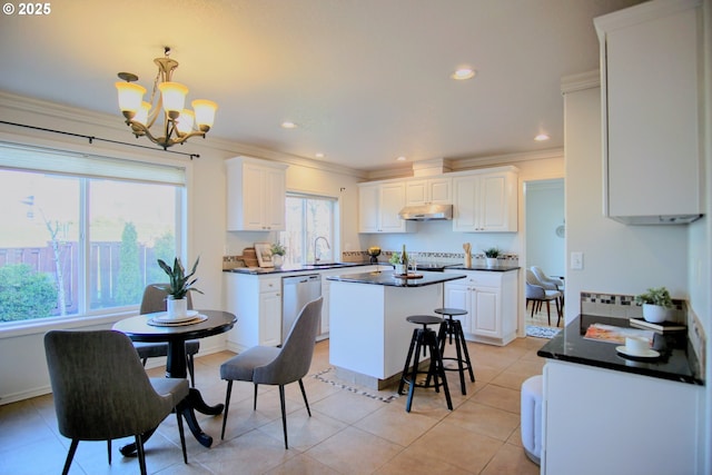 kitchen featuring dark countertops, white cabinets, under cabinet range hood, and stainless steel dishwasher