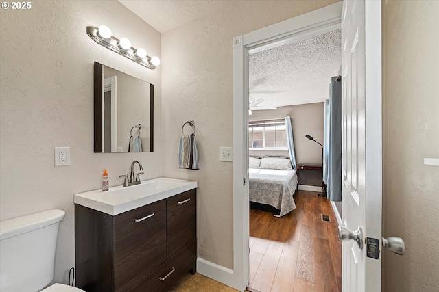 1050 D St, Baker City, OR 97814 - bathroom with vanity, a textured wall, connected bathroom, wood finished floors, and a textured ceiling