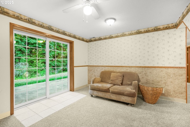 19330 NW Curtis Creek Dr, Manning, OR 97125 - living area with wallpapered walls, baseboards, carpet floors, and a ceiling fan
