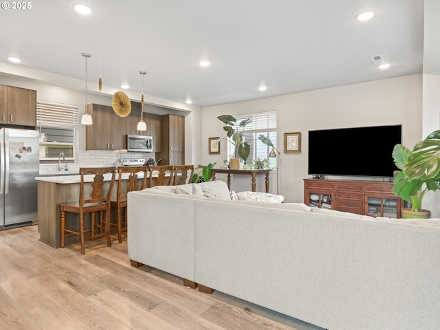 living room featuring sink and light hardwood / wood-style floors