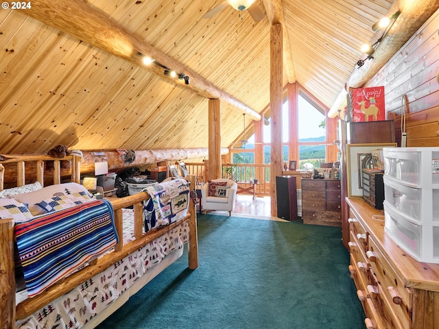 bedroom featuring beam ceiling, high vaulted ceiling, rail lighting, wood ceiling, and carpet floors