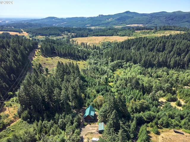 bird's eye view featuring a wooded view and a mountain view
