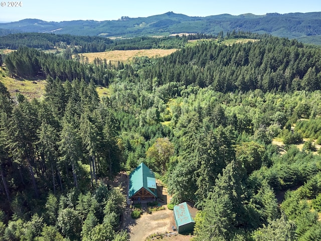 drone / aerial view with a mountain view and a view of trees