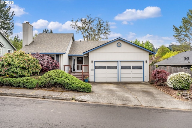 single story home featuring roof with shingles, fence, an attached garage, a chimney, and driveway