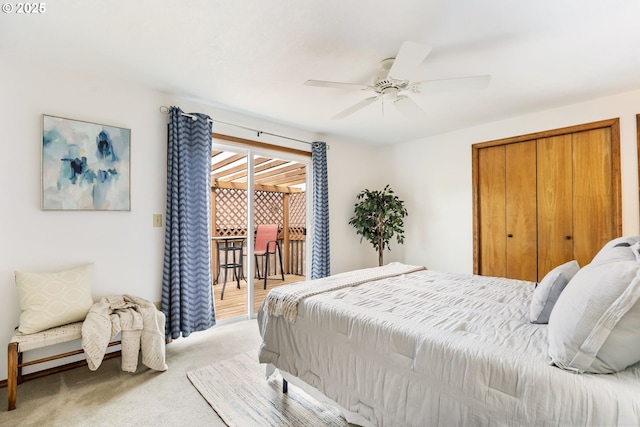 bedroom with access to outside, a closet, ceiling fan, and light colored carpet