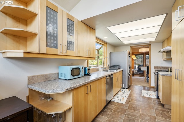 3327 Hillcrest Way, Forest Grove, OR 97116 - kitchen featuring open shelves, stainless steel appliances, glass insert cabinets, under cabinet range hood, and light brown cabinetry