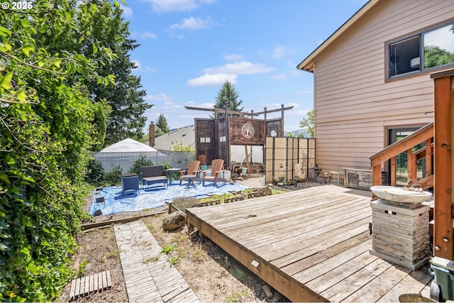 3327 Hillcrest Way, Forest Grove, OR 97116 - wooden terrace featuring a patio area and a fenced backyard