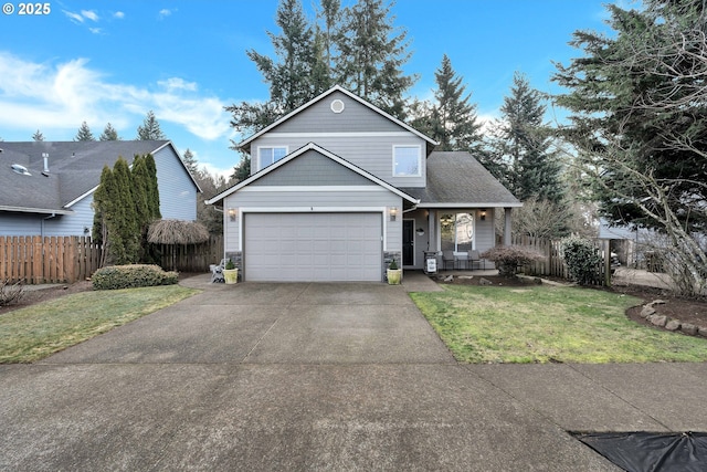 front facade featuring covered porch, a garage, and a front lawn