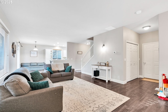 living room with dark wood-type flooring