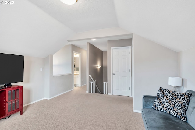 additional living space with carpet, a textured ceiling, and lofted ceiling