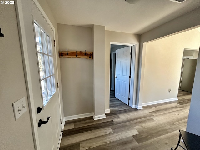 entryway with baseboards and wood finished floors