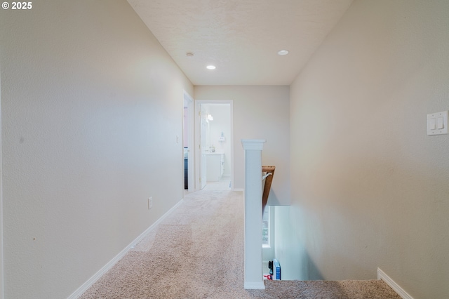 311 W Jadon Dr, Lebanon, OR 97355 - hall with an upstairs landing, carpet floors, baseboards, and recessed lighting