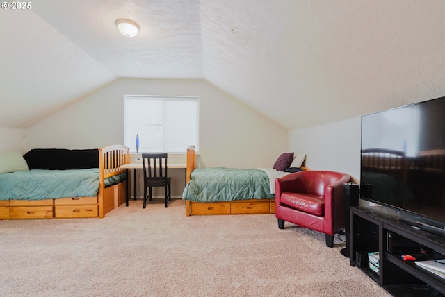 311 W Jadon Dr, Lebanon, OR 97355 - bedroom featuring carpet, vaulted ceiling, and a textured ceiling