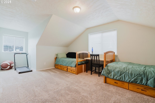 311 W Jadon Dr, Lebanon, OR 97355 - bedroom with a textured ceiling, carpet, lofted ceiling, multiple windows, and baseboards