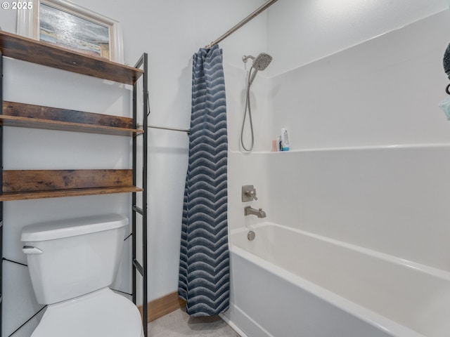 bathroom with shower / bathtub combination with curtain and toilet
