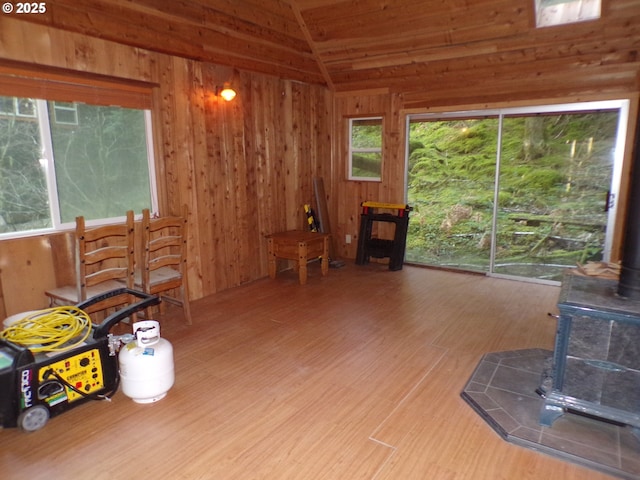 interior space with a wood stove and vaulted ceiling