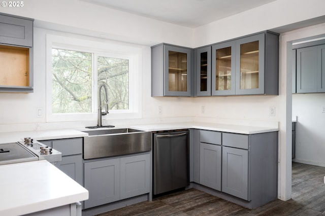 kitchen with stainless steel dishwasher, sink, gray cabinetry, and dark wood-type flooring