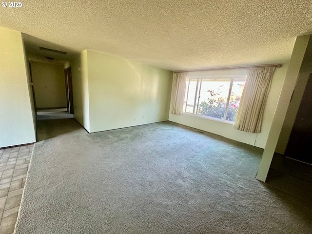 carpeted empty room featuring a textured ceiling