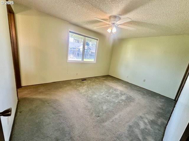 spare room with carpet floors, ceiling fan, and a textured ceiling