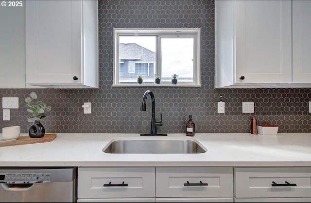 126 NE Garfield St, Camas, WA 98607 - kitchen with dishwasher, decorative backsplash, and white cabinetry