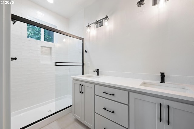 9258 SW Waverly Dr, Tigard, OR 97224 - full bath with a stall shower, double vanity, and tile patterned flooring