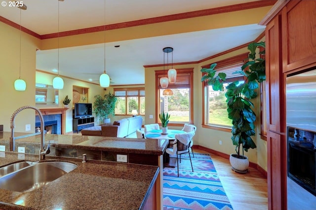 kitchen featuring hanging light fixtures, light wood-type flooring, fridge with ice dispenser, ornamental molding, and sink