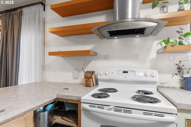 kitchen featuring electric stove, light countertops, island range hood, and open shelves