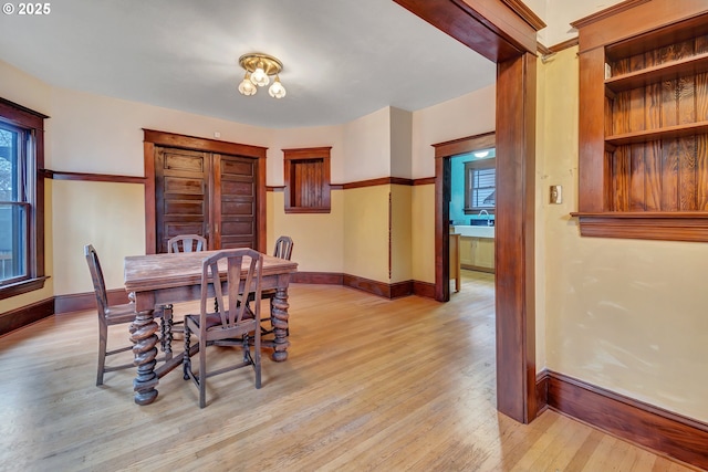 dining space with light hardwood / wood-style flooring