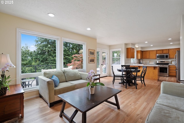 11442 SW Woodlee Heights Ct, Portland, OR 97219 - living area featuring light wood finished floors, recessed lighting, and a textured ceiling