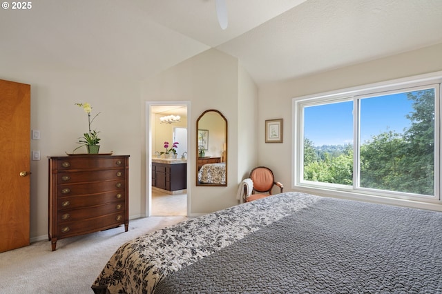11442 SW Woodlee Heights Ct, Portland, OR 97219 - bedroom with light carpet, vaulted ceiling, and connected bathroom