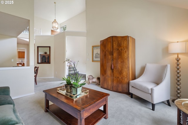 11442 SW Woodlee Heights Ct, Portland, OR 97219 - living room featuring light carpet and a towering ceiling