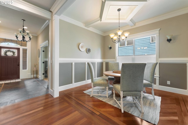 7102 SW 78th Ave, Portland, OR 97223 - dining area with a chandelier, plenty of natural light, crown molding, a wainscoted wall, and coffered ceiling