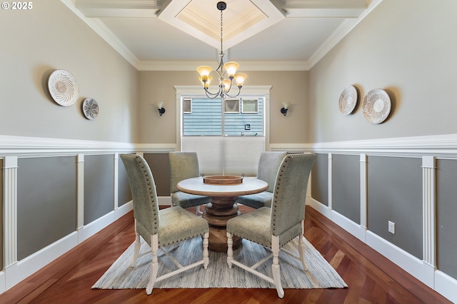 7102 SW 78th Ave, Portland, OR 97223 - dining area with a chandelier, crown molding, wood finished floors, wainscoting, and coffered ceiling