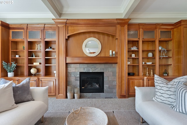 7102 SW 78th Ave, Portland, OR 97223 - living room featuring crown molding and a glass covered fireplace