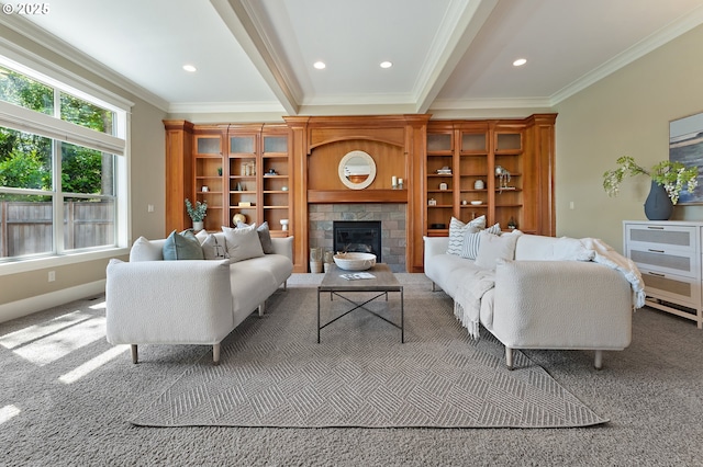 7102 SW 78th Ave, Portland, OR 97223 - living area with ornamental molding, a glass covered fireplace, carpet, baseboards, and beam ceiling
