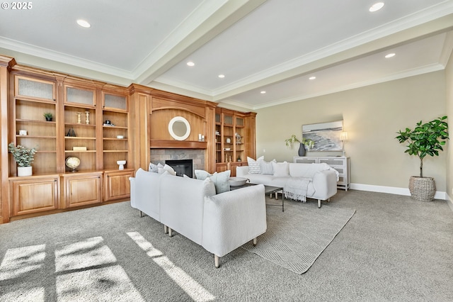 7102 SW 78th Ave, Portland, OR 97223 - living area featuring a glass covered fireplace, carpet floors, baseboards, crown molding, and recessed lighting