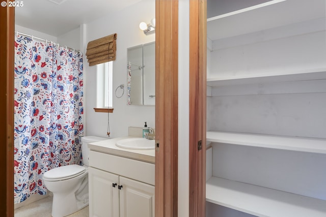 bathroom with vanity, toilet, and a shower with curtain