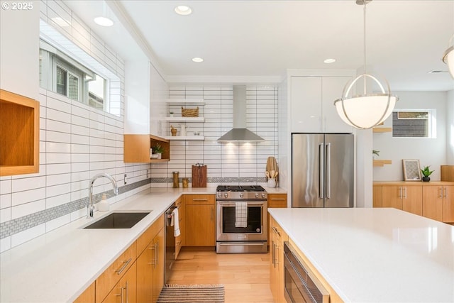 kitchen with decorative backsplash, open shelves, a sink, stainless steel appliances, and wall chimney exhaust hood