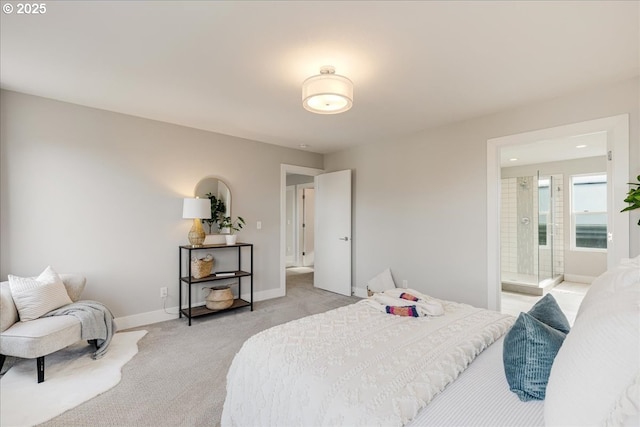 bedroom featuring connected bathroom, baseboards, and light carpet