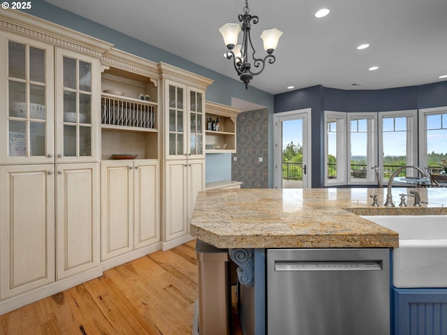 9320 NW Skyview Ct, Portland, OR 97231 - kitchen featuring open shelves, stainless steel dishwasher, light wood-type flooring, cream cabinetry, and recessed lighting