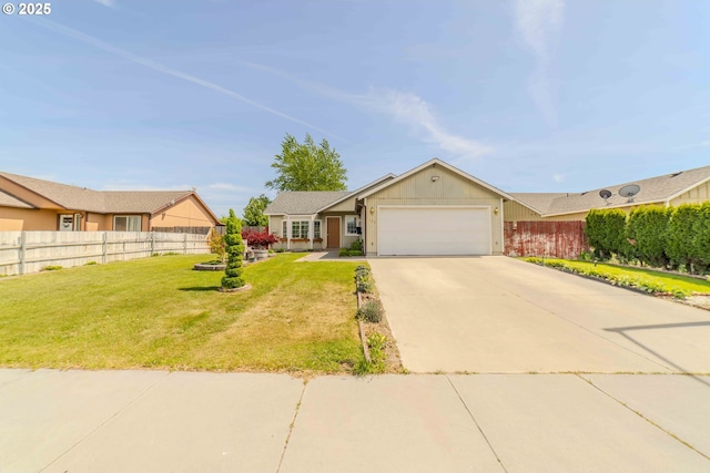 single story home with fence, concrete driveway, a front yard, and a garage