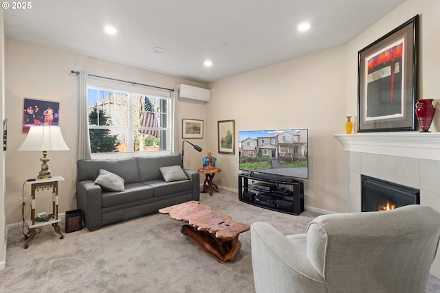 living area with carpet, recessed lighting, baseboards, an AC wall unit, and a tiled fireplace