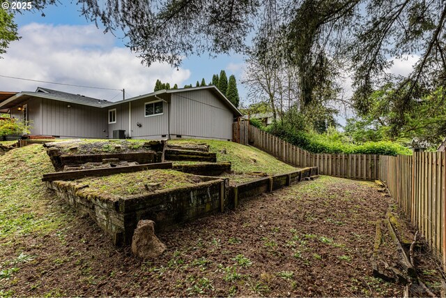 view of yard featuring a fenced backyard and central AC