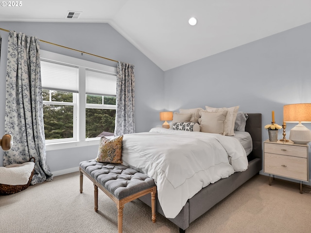196 Dylan Ct, Gearhart, OR 97138 - bedroom featuring vaulted ceiling, light colored carpet, recessed lighting, and baseboards