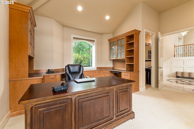 16215 SE Rivershore Dr, Vancouver, WA 98683 - home office featuring recessed lighting, light carpet, and lofted ceiling