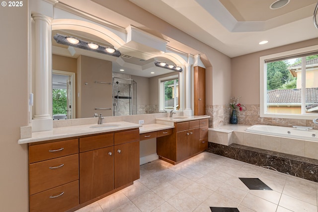 16215 SE Rivershore Dr, Vancouver, WA 98683 - full bath featuring ornate columns, a stall shower, vanity, plenty of natural light, and recessed lighting
